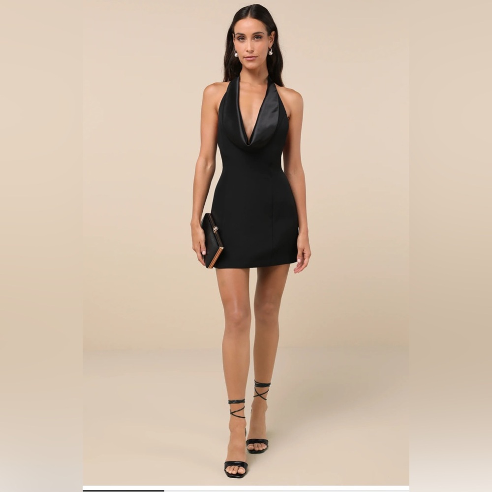 NWT Lulus Perfected Black Cowl Halter A-Line Mini Dress